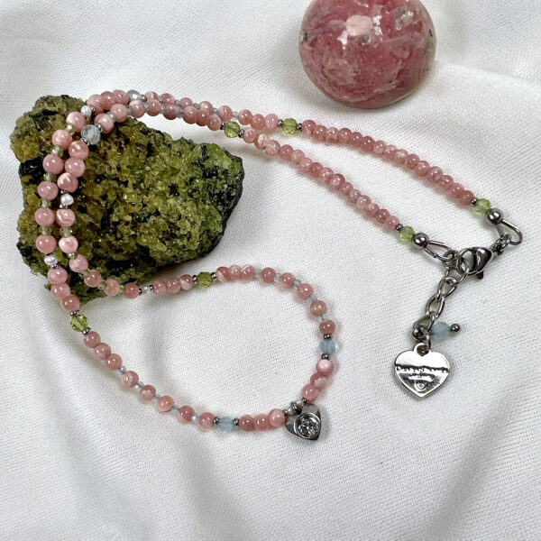 Dainty Rhodochrosite Necklace with Stainless Steel and Crystal Heart