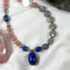 Necklace - Lapis "egg" pendant with rhodochrosite rondelles and labradorite faceted coin beads
