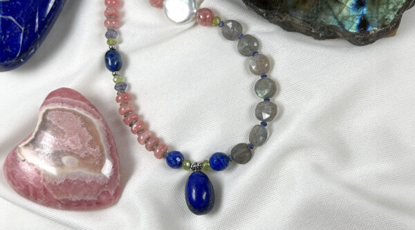 Necklace - Lapis "egg" pendant with rhodochrosite rondelles and labradorite faceted coin beads