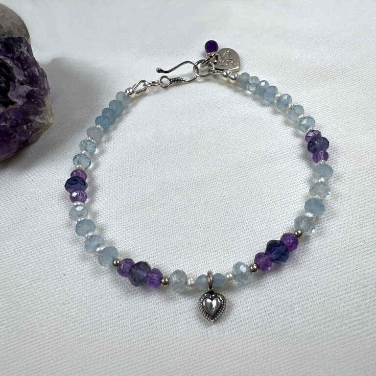 Aquamarine and Amethyst Bracelet with Sterling Silver Heart and Clasp
