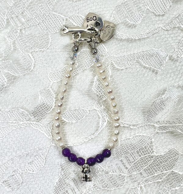 cultured pearls with amethyst and puppy dog charm bracelet for a child.