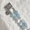 Chunky Aquamarine and Pearls Double Bracelet with Amethyst Cabochon Focal