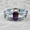 Chunky Aquamarine and Pearls Double Bracelet with Amethyst Cabochon Focal