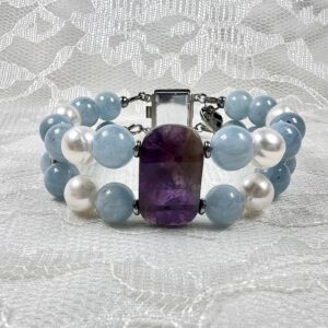 Chunky Aquamarine and Pearls Double Bracelet with Amethyst Cabochon Focal