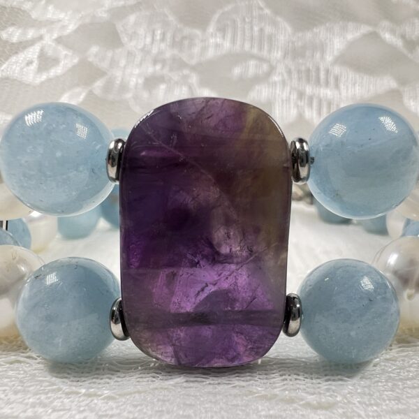 IMG_6199 Chunky Aquamarine and Pearls Double Bracelet with Amethyst Cabochon Focal