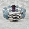Chunky Aquamarine and Pearls Double Bracelet with Amethyst Cabochon Focal