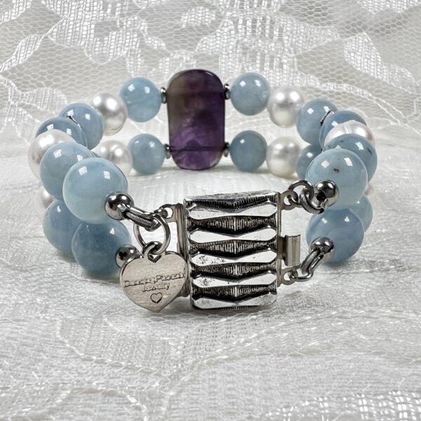 IMG_6201 Chunky Aquamarine and Pearls Double Bracelet with Amethyst Cabochon Focal