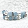 Chunky Aquamarine and Pearls Double Bracelet with Amethyst Cabochon Focal