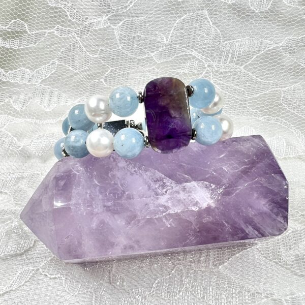 IMG_6206 Chunky Aquamarine and Pearls Double Bracelet with Amethyst Cabochon Focal