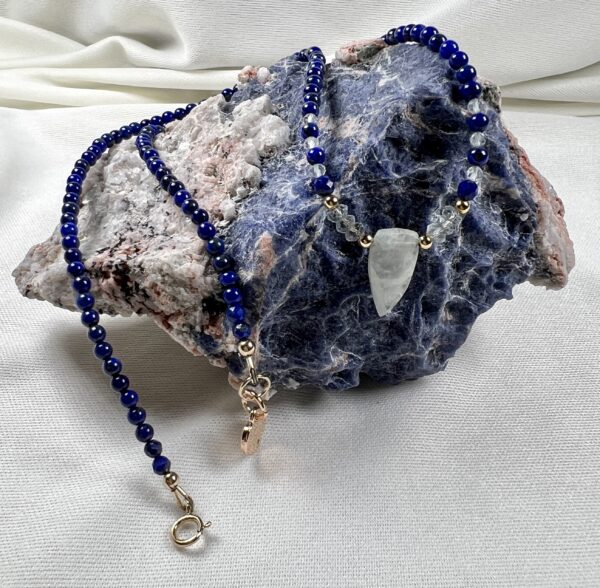 IMG_6845 Mossy Aquamarine Blade and Lapis Lazuli Necklace