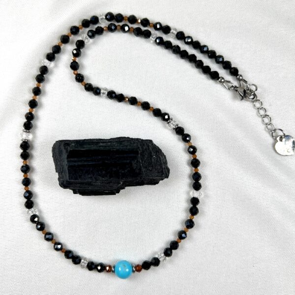 IMG_6866 Faceted Black Tourmaline Holds The Turquoise And More Necklace